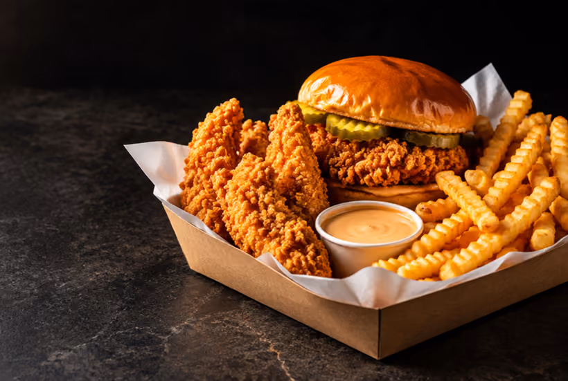 Illustrative chicken sandwich, tenders and fries from the Pop’s Chicken Box demo